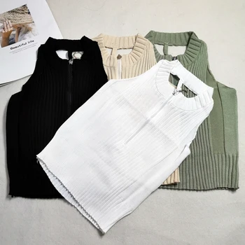 

Knitted Tank Tops Short Knitting Vest Tanks Top Backless Sleeveless T-shirt Women Camis Solid Show Belly Button Fitness Shirts