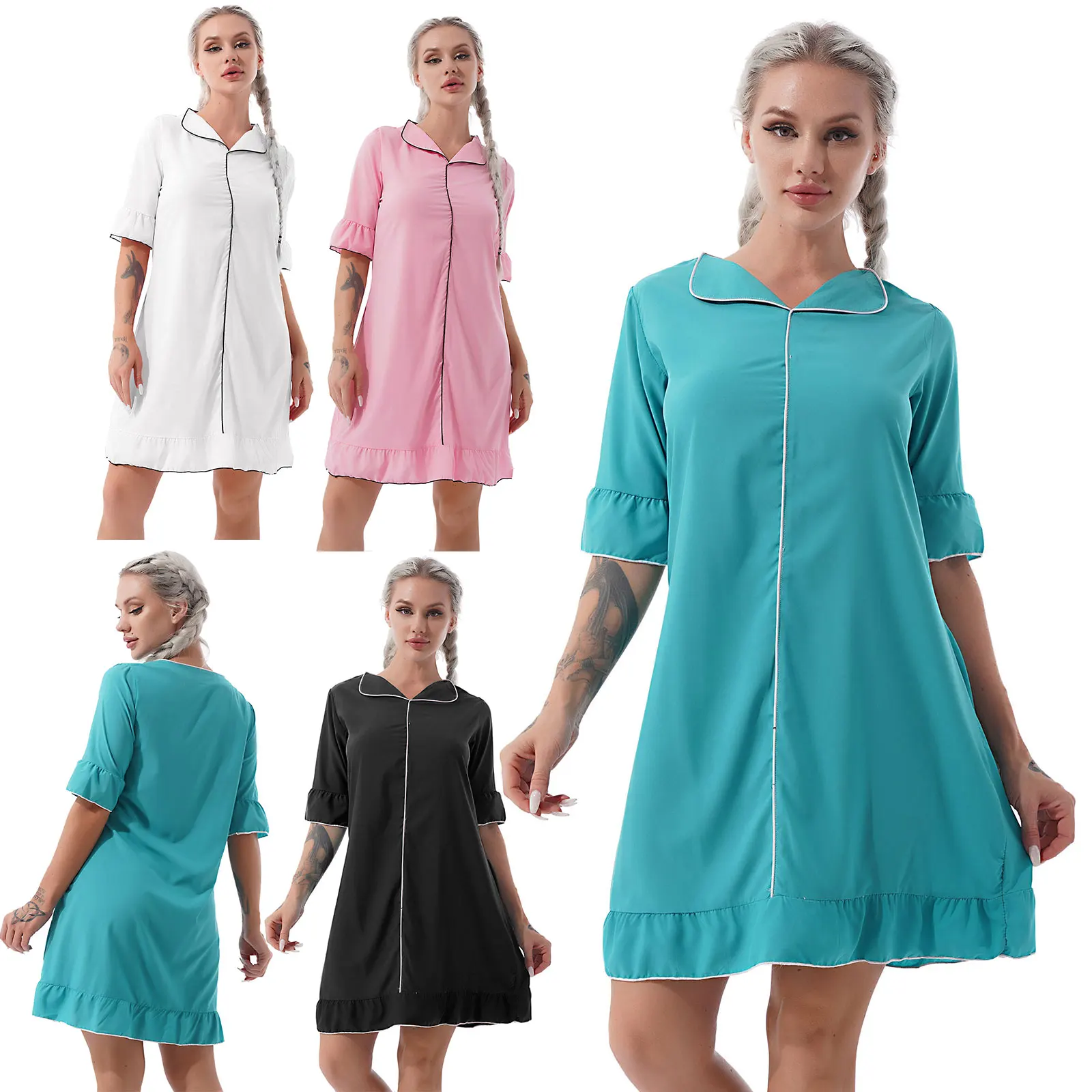 Women Nightdress Turn-down Collar Half Sleeve Ruffled Nightgowns Casual Homewear Nightwear