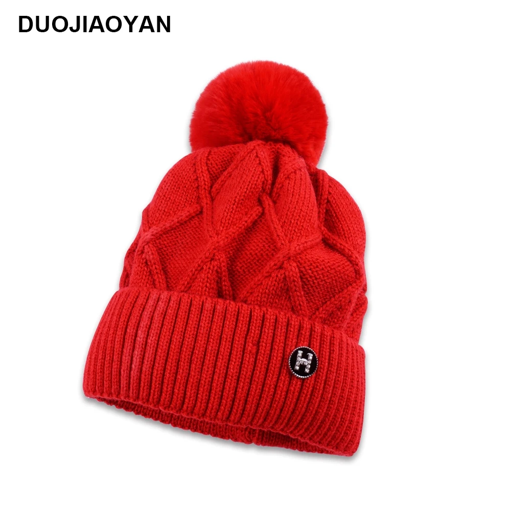 DUOJIAOYAN осенне-зимняя женская шерстяная шапка, теплая шапка с защитой ушей, одноцветная шапка, пуловер, головной убор, утолщенная плюшевая вязаная шапка