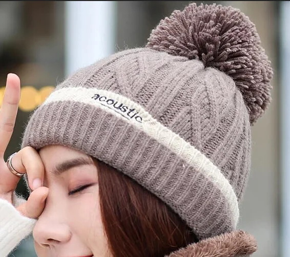 Зимняя женская шапка шапки вязаный шерстяной Теплый шарф толстый ветронепроницаемый подшлемник Мульти Функциональная шапка шарф Набор для женщин - Цвет: Hat brown