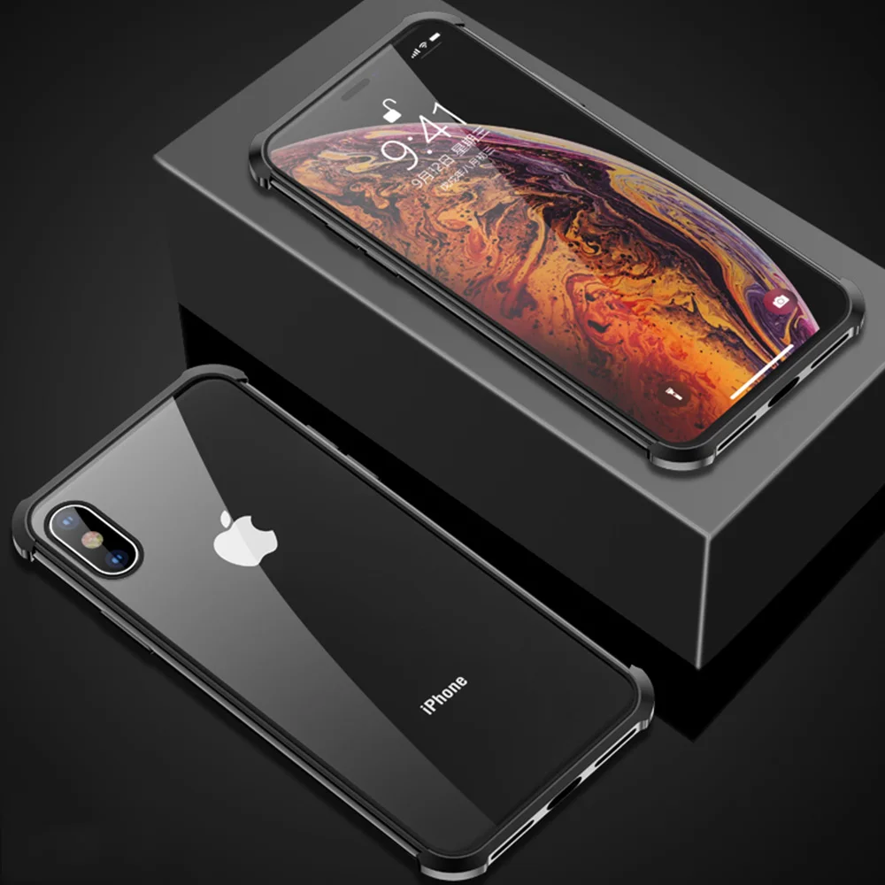black 4 Магнитный чехол для Iphone XR X 7 XS Max металлический адсорбционный закаленное стекло Coque Cover для Iphone 6 7 8 Plus XS протектор экрана - Цвет: black 4