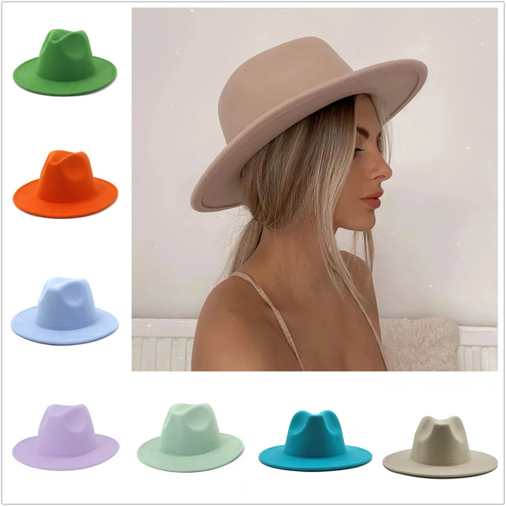 Wool Hat Fedora Hat Fashion Hat Classical Wool Felt Wide Brim Fedora Hat Pearl Belt Pink Solid Caps Men Women Winter Derby Wedding Church Jazz Hats
