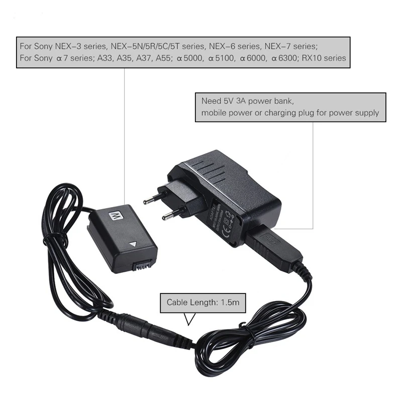 Np Fw50 аккумулятор + 5 В 3A Usb Кабель адаптер питания с разъемом для замены Ac Pw20 Sony Nex