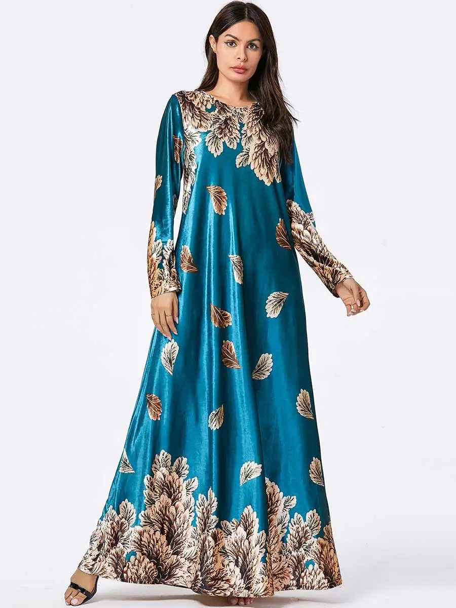 Винтажное Цветочное платье abaya из бархата jilbaw мусульманское женское длинное Макси платье кафтан халат платье с круглым вырезом с длинным рукавом напечатано арабское модное