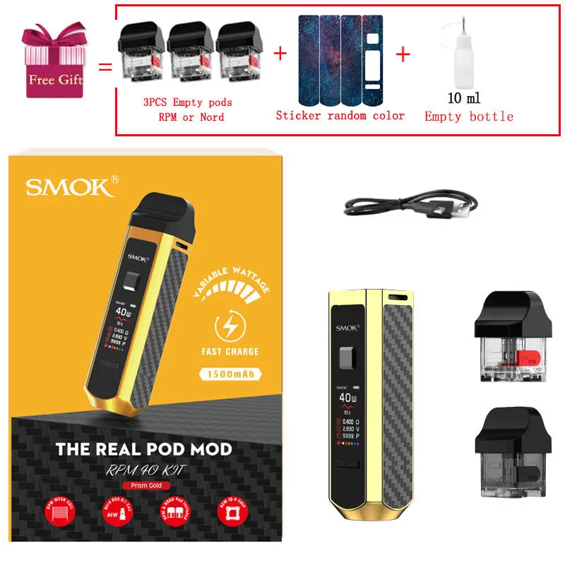 SMOK RPM40 Pod Комплект Vape 40 Вт 1500 мАч батарея 4,3 мл бак RPM сетка 4,5 Ом катушка мл Nord Pod RBA электронная сигарета испаритель - Цвет: Prism Gold