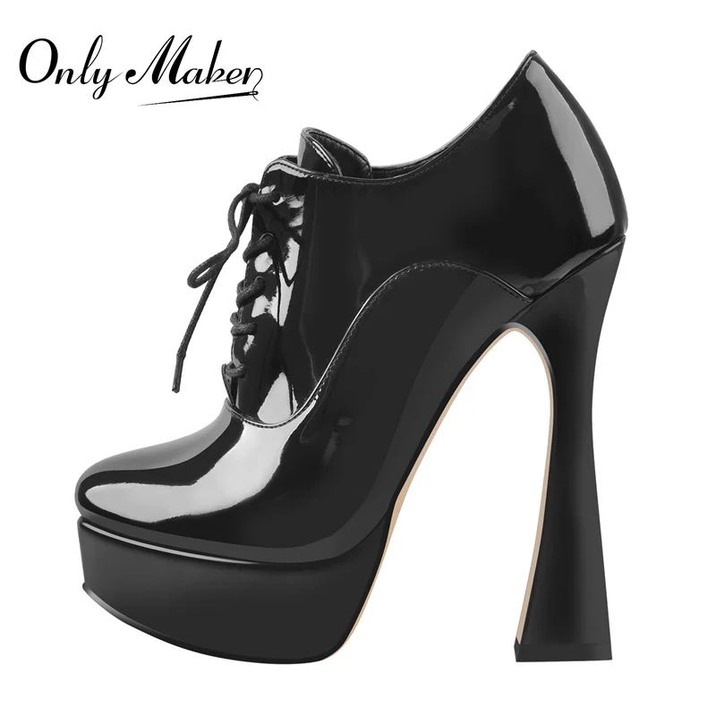 

Onlymaker Women Platform Lace-Up Pumps Black PU Patent Leather Faux Suede Spike High Heels Shoes Office Lady Concise For Spring
