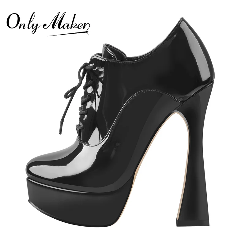 Onlymaker Women Platform Lace-Up Pumps Black PU Patent Leather