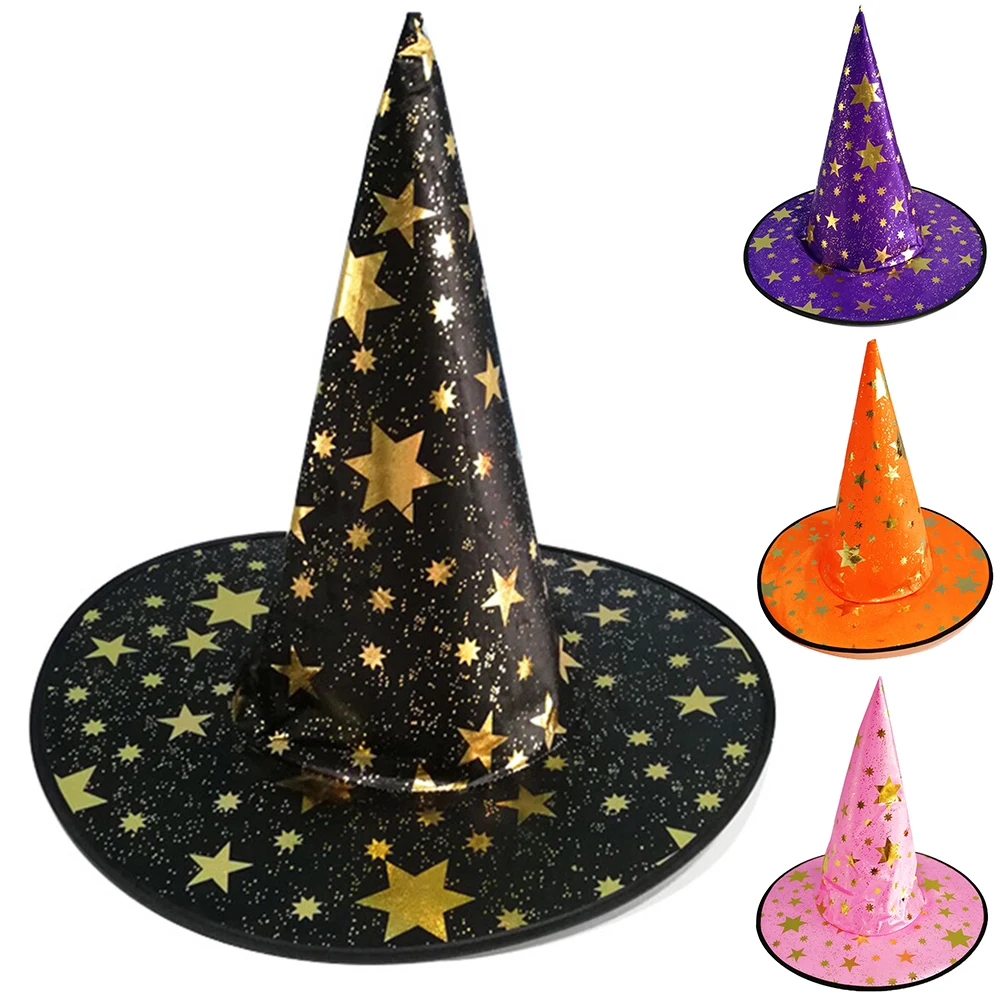 Halloween Star Print Long Tip Witch Hats Masquerade Ribbon Wizard Cap Halloween Cosplay Costume Party Prop Fancy Dress Decor Toy