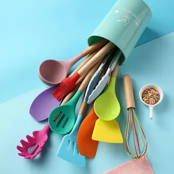

12pcs/Lot Silicone Kitchen Utensils Food Grade Multifunction Durable Spoon with Bucket Egg Beater Leakage Shovel
