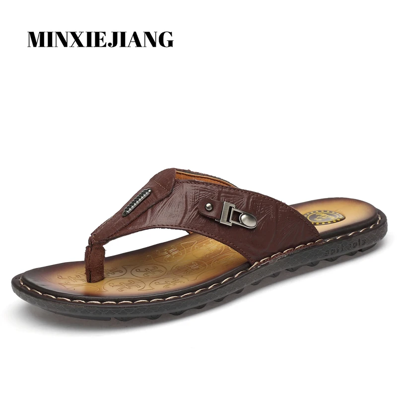 

MINXIEJIANG 2019 new summer men's flip-flops men's casual wear tide non-slip leather outdoor large size pinch sandals