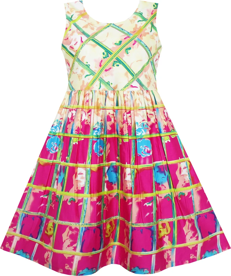 

Girls Dress Sleeveless Plaid Checkered Abstract Painting Pattern Cotton 2019 Summer Princess Wedding Party Dresses Clothes