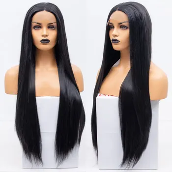 

Synthetic 13*3 Lace Front Wig Black Long Straight Heat Resistant Fiber Hair Natural Hairline Middle Parting For Women Party Wigs