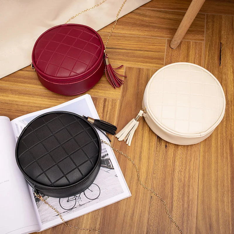 

PACGOTH New Fashion PU Leather Solid Color Plaid Mini Round Shoulder Handbag For Women Girls Party Club Messenger Bag, 1Piece