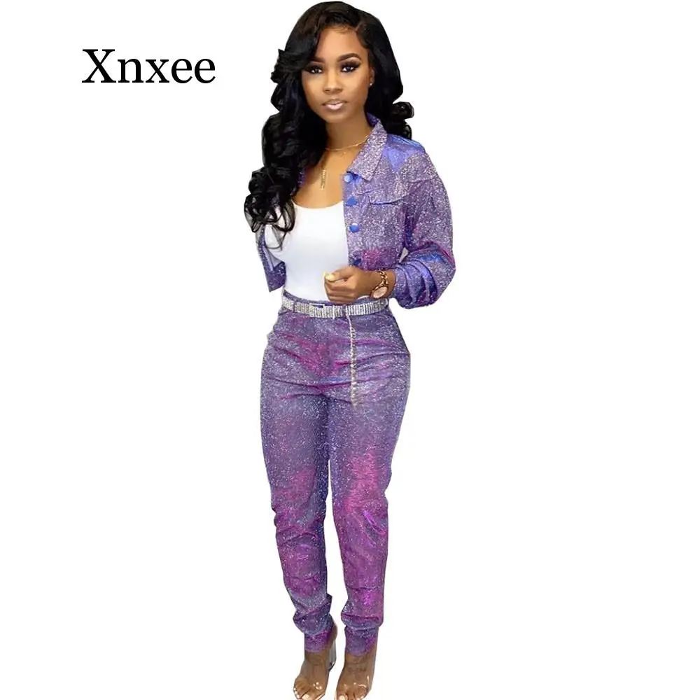 

Блестящий женский костюм с блестками, однобортный пиджак и длинные брюки, сексуальная клубная одежда, подходящие комплекты, Женский комплект