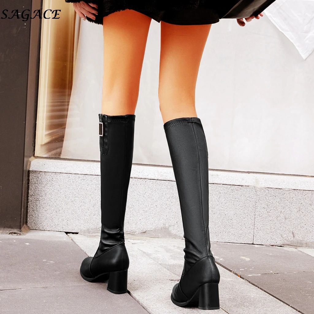 SAGACE women knee high boots fashion High heel Motorcycle boots winter warm Non slip Waterproof shoes woman botas mujer#4z