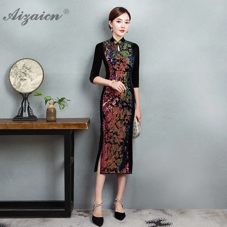Модное бархатное свадебное Восточное вечернее платье Cheongsam, традиционная китайская одежда для женщин Chipao Qipao, Повседневное платье из золотой парчи