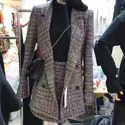 2021new venda quente outono inverno houndstooth blazer e saia 2 peça conjunto feminino turn down colarinho casaco de manga longa e mini a line
