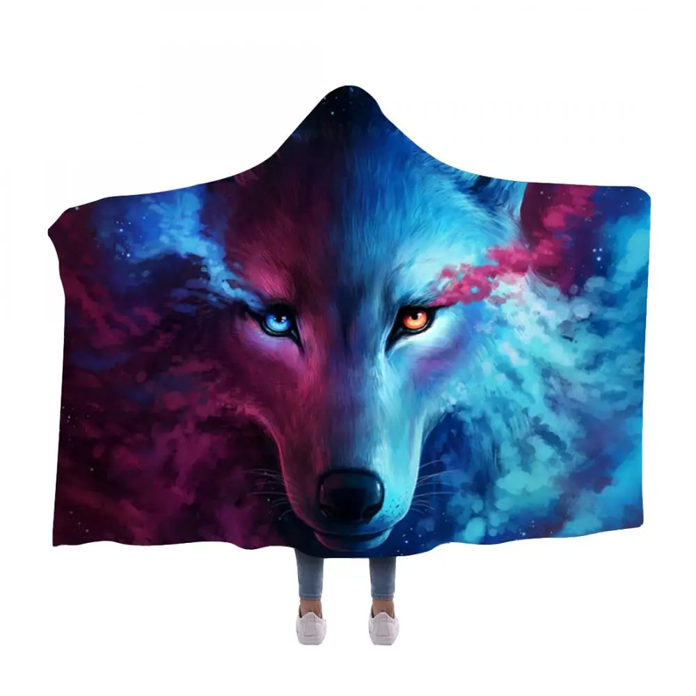 

3d Printed Hooded Blanket Microfiber For Adults Kids Moon Eclipse Galaxy Wolf Sherpa Fleece Wearable Polyester Hooded Blankets