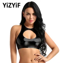 Женский короткий летний топ, бикини, топы, сексуальный блестящий мягкий кожзаменитель, без рукавов, круглый вырез, Обрезанные Топы, купальник, Женская Одежда для танцев