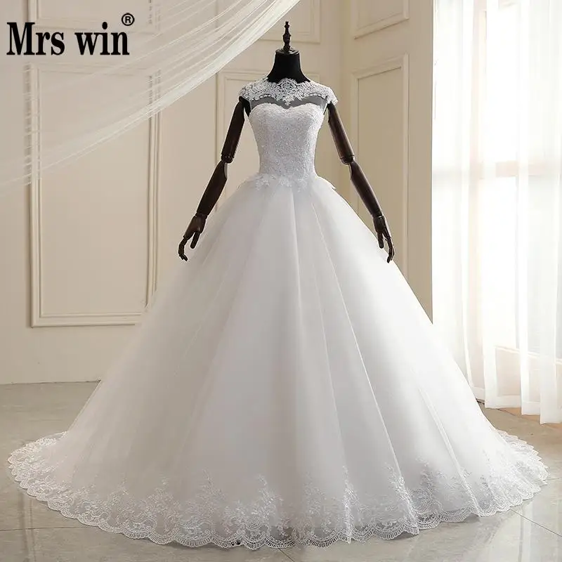 

Mrs Win Wedding Dress 2019 New O-neck Lace Up Ball Gown Princess Luxury Lace Wedding Gown Classic Romantic Wedding Dresses