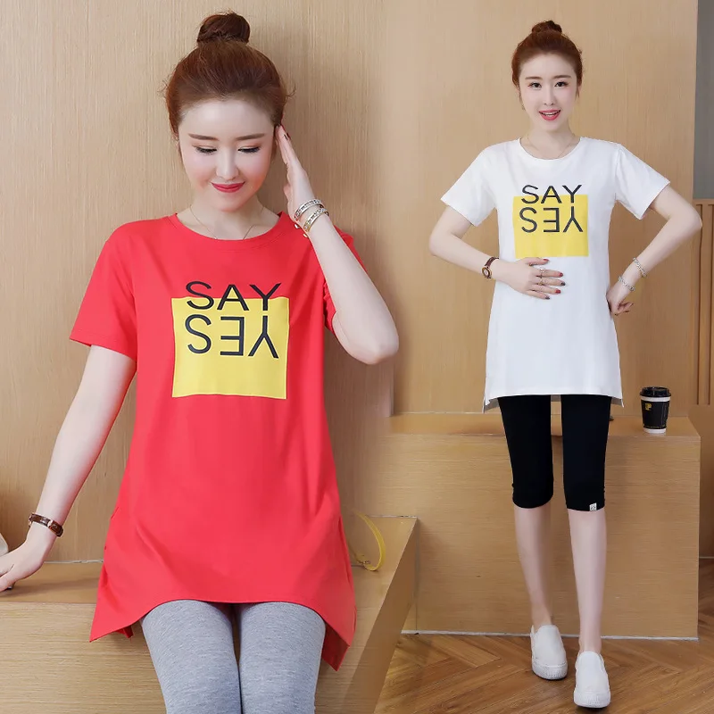 

Maternity Clothes Summer Wear New Style 2020 Short Sleeve Cartoon Printed Loose-Fit Tops Solid Color Crew Neck Summer Pregnant W
