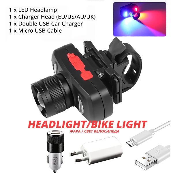 Package D Рыболовный светодиодный налобный фонарь для кемпинга USB велосипедная фара портативный красный синий белый свет водонепроницаемый налобный фонарь встроенный 18650 с Bycle клип - Испускаемый цвет: Package D