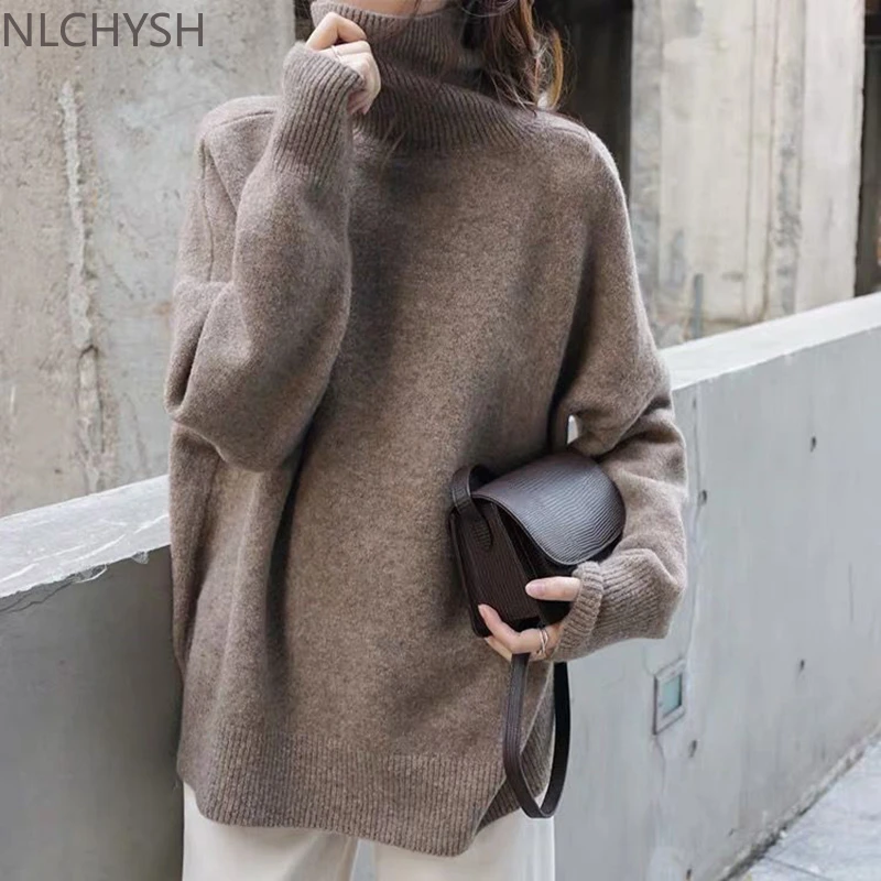 green sweater Turtleneck Cashmere Sweater Women Korean Style Oversized Knitted Pullovers Autumn Winter Casual Loose Solid Jumpers Sweater 2021 argyle sweater