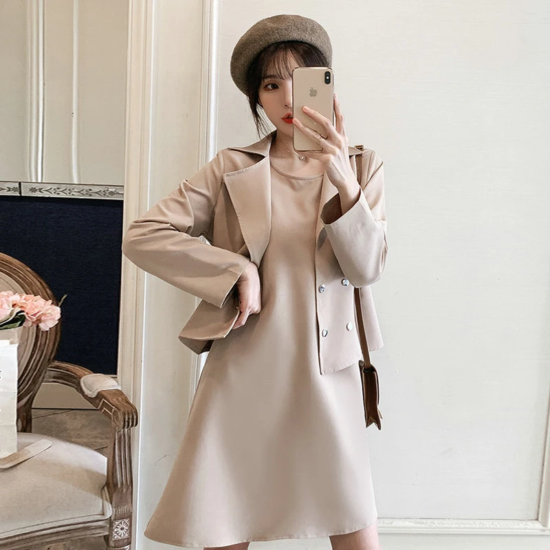 

2020 Spring Women Blazer And Sundress Suit 2PCS Dress Set Female Khaki Twinset Outfits Plus Size Smart Casual 2 Picecs Suit Set