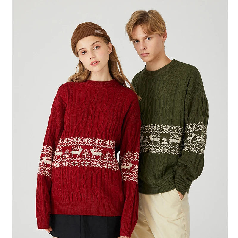 Вязаные Рождественские свитера с оленями для влюбленных, вязаные Рождественские свитера с елкой и снежинками для пар размера плюс