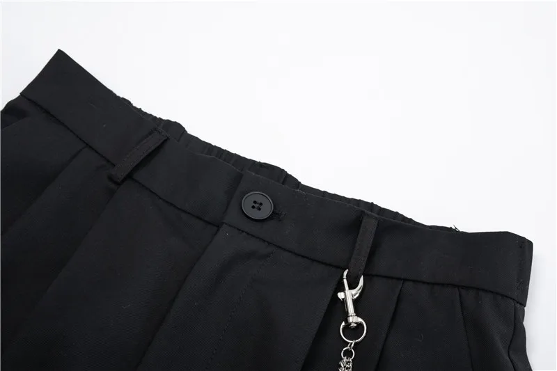 Mens Shorts Summer Casual Black Zipper Elastic Waist Straight Short Pants with Chain New Hip Hop Streetwear Loose Shorts Joggers