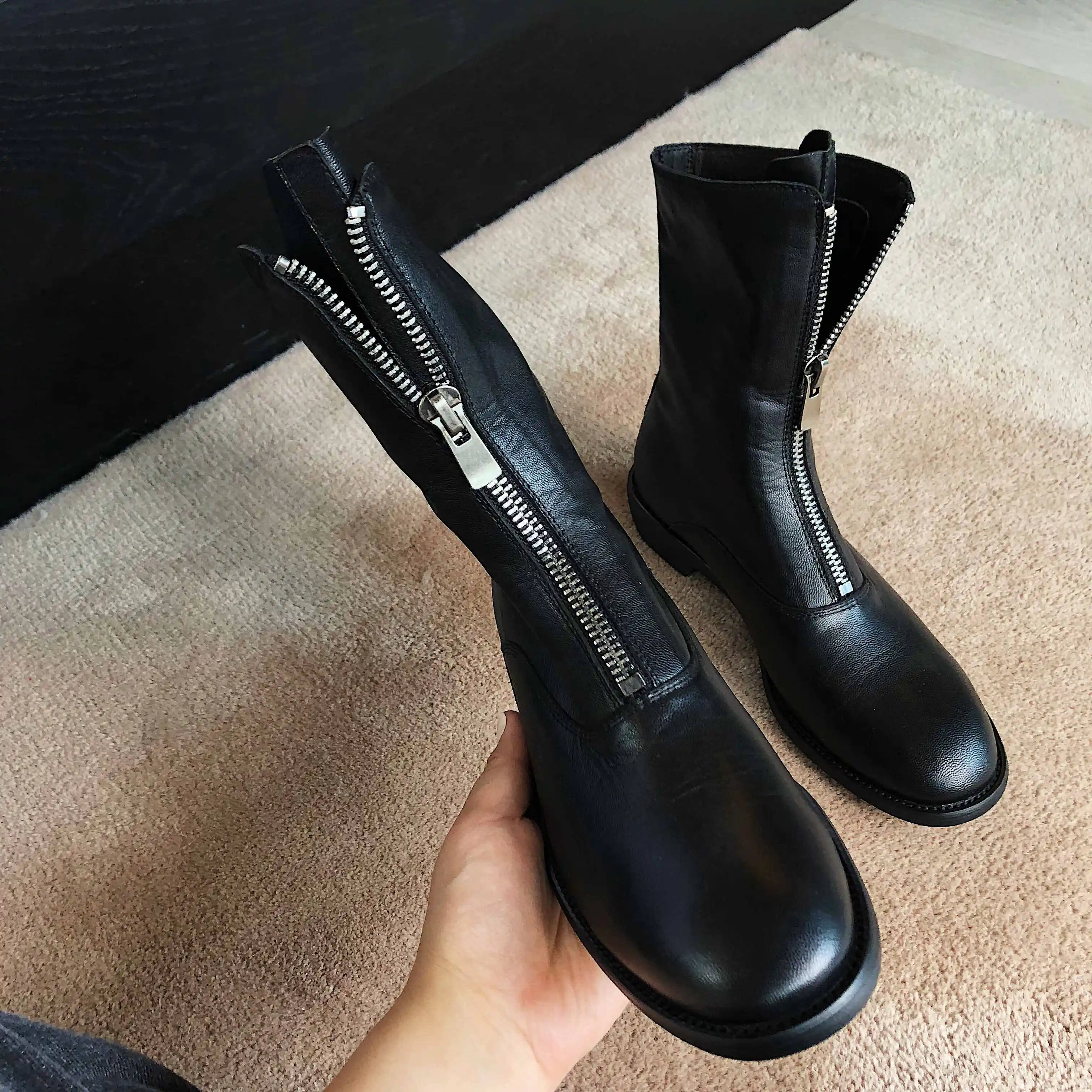 krazing pot vintage genuine leather round toe thick med heels gladiator the front zipper boots fashion modern mid-calf boots l01