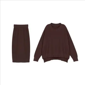 

Women Sweater Set Knitted 2PC Bag Hip O-neck Thin Long Sleeve Sweater And Mini Skirt Female Winter Clothes