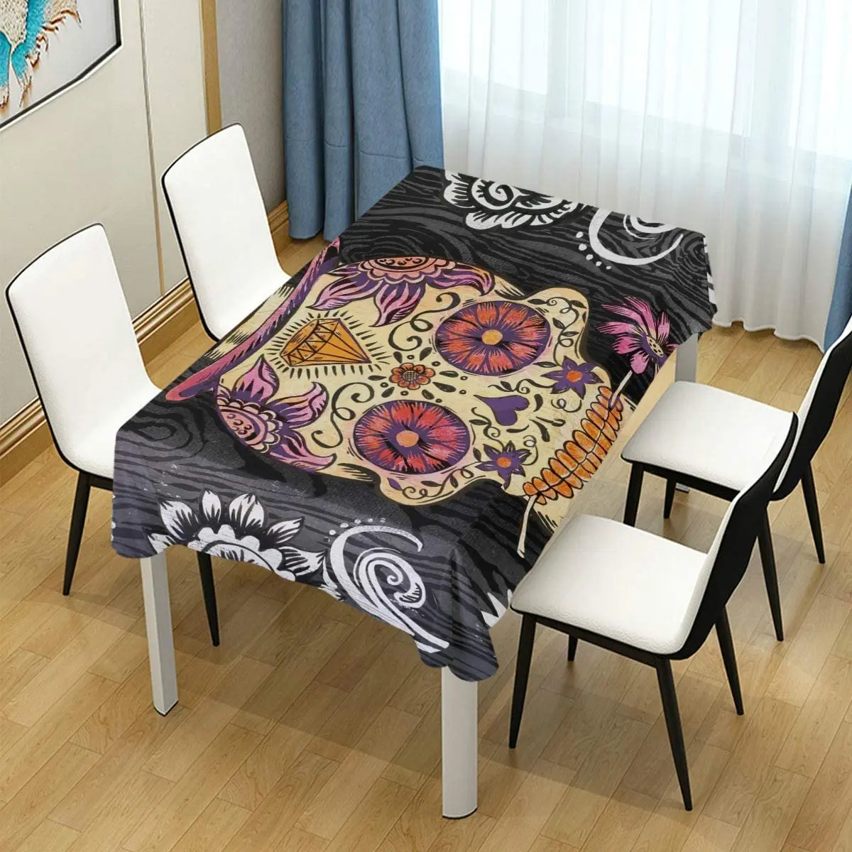 

Sugar Skull Daisy Graphic Art Pattern Decorative Tablecloth Wrinkle for Kitchen Room