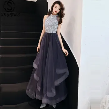 

Skyyue Halter Collar Dress Prom A-Line Sleeveless Sequined Vestidos De Gala Tulle Custom Color Floor-Length Prom Dress E442