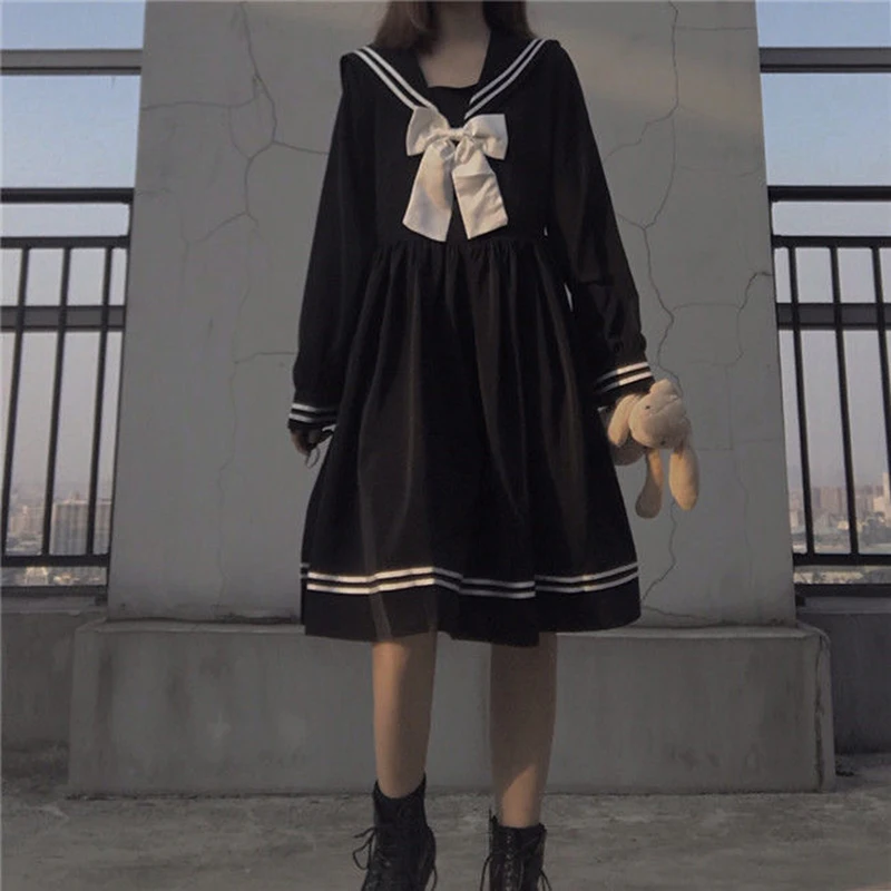 Japanese Lolita Kawaii Sweet Bowknot Robes Long-Sleeve Black Knee-Length Navy Preppy Party Women Summer Dress clothes dresses purple dress