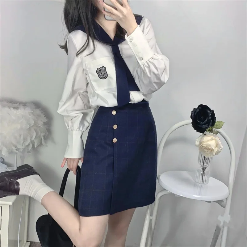 Japanese Korean JK Uniform Suits Girls College School Uniforms Long Sleeve Sailor Suit Shirt And A-line Skirt Adult Women