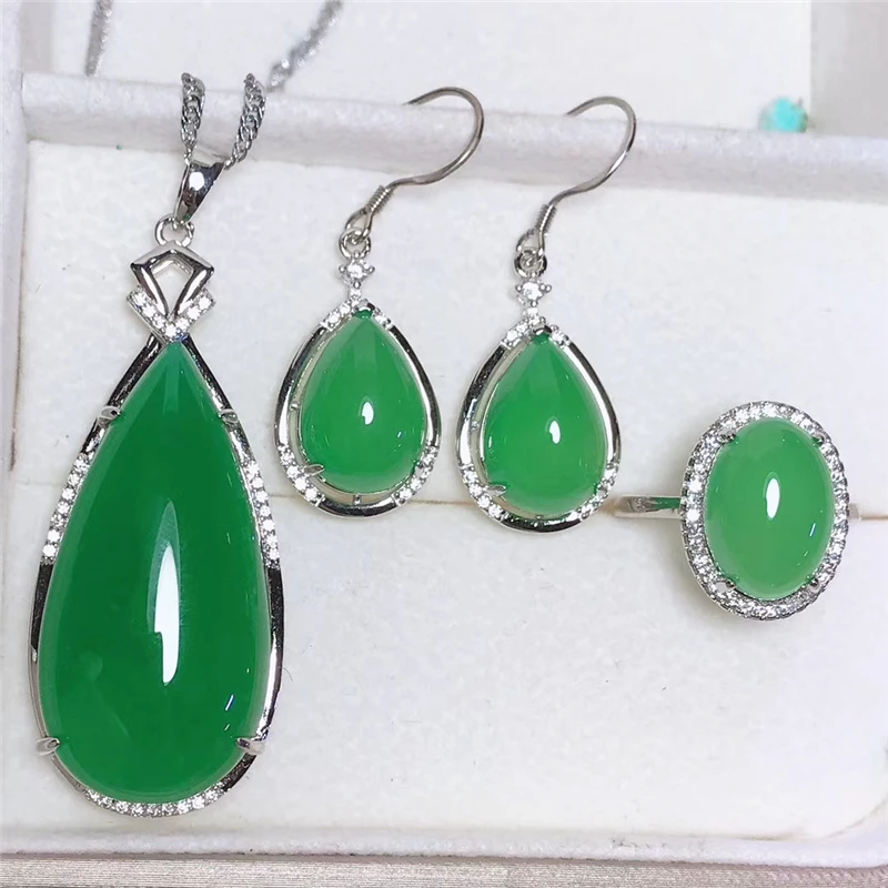Green Jadery 925 пробы Серебряное ожерелье/серьги/кольцо для женщин натуральный зеленый розовый красный нефрит ювелирные наборы свадебные ювелирные изделия подарки - Цвет камня: Green