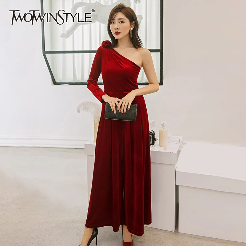 

TWOTWINSTYLE Patchwork Women's Jumpsuits One Shoulder Long Sleeve High Waist Wide Leg Pants Female Jumpsuits 2019 Autumn Fashion