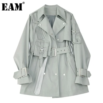 

[EAM] Women Pocket Split Joint GreenTrench New Lapel Long Sleeve Loose Fit Windbreaker Fashion Tide Spring Autumn 2020 1DA711