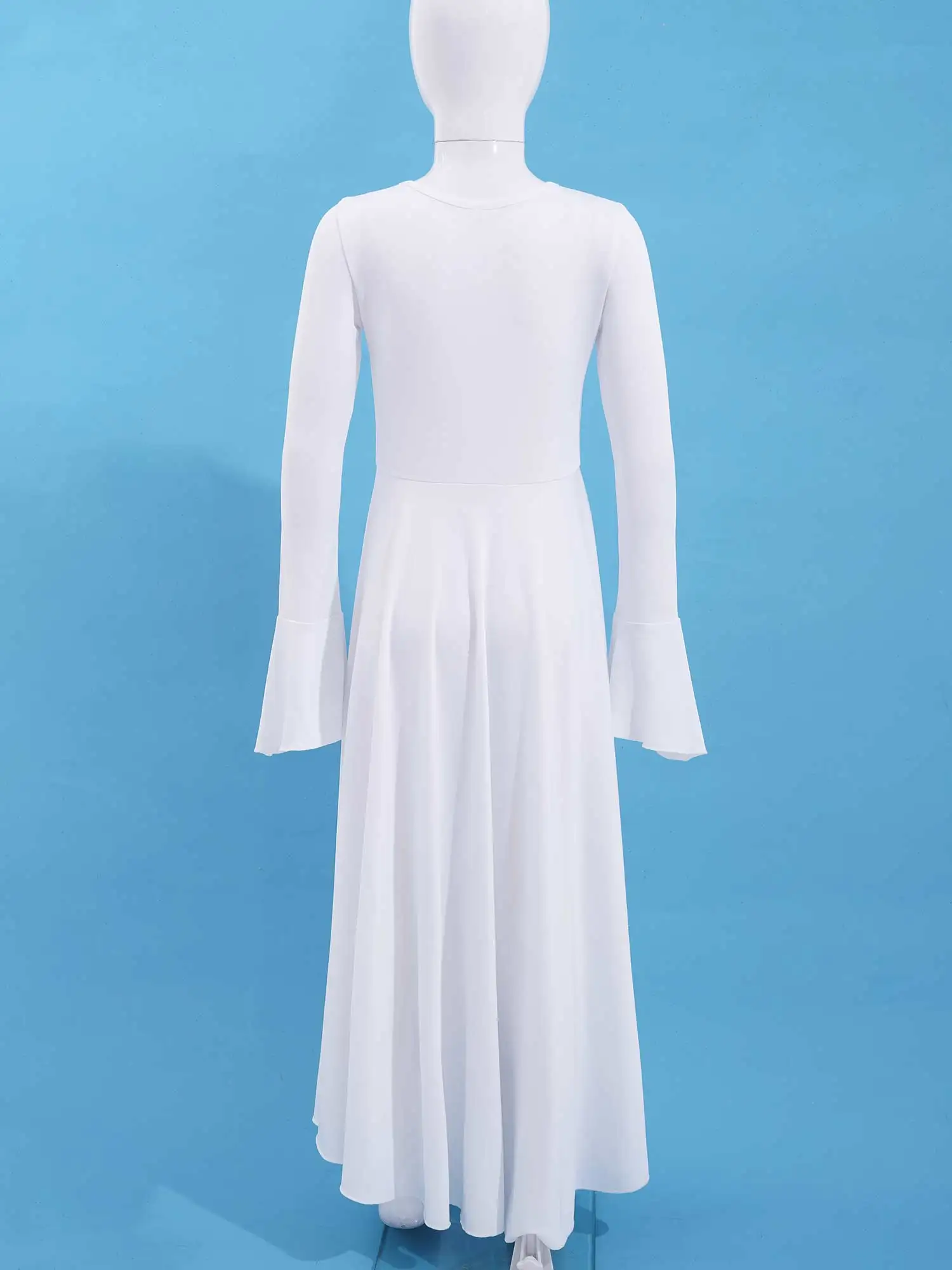 Kids Girls White Praise Liturgical Full Length Dress Girl Long Sleeve Lyrical Ballroom Dance Dress Church Christian Worship Wear