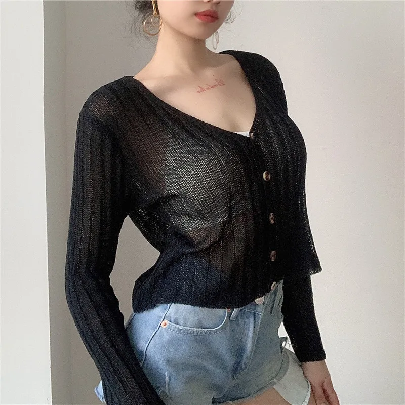 Thin Casual Women Knit Blouse 2020 Autumn Lady Deep V Neck Basic Short-length Button Cardigan Blusa Loose Black White Purple Top