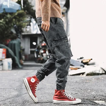 

Korean Style Fashion Men Jeans Loose Fit Black Gray Big Pocket Cargo Pants Harem Trousers Streetwear Hip Hop Joggers Jeans Men