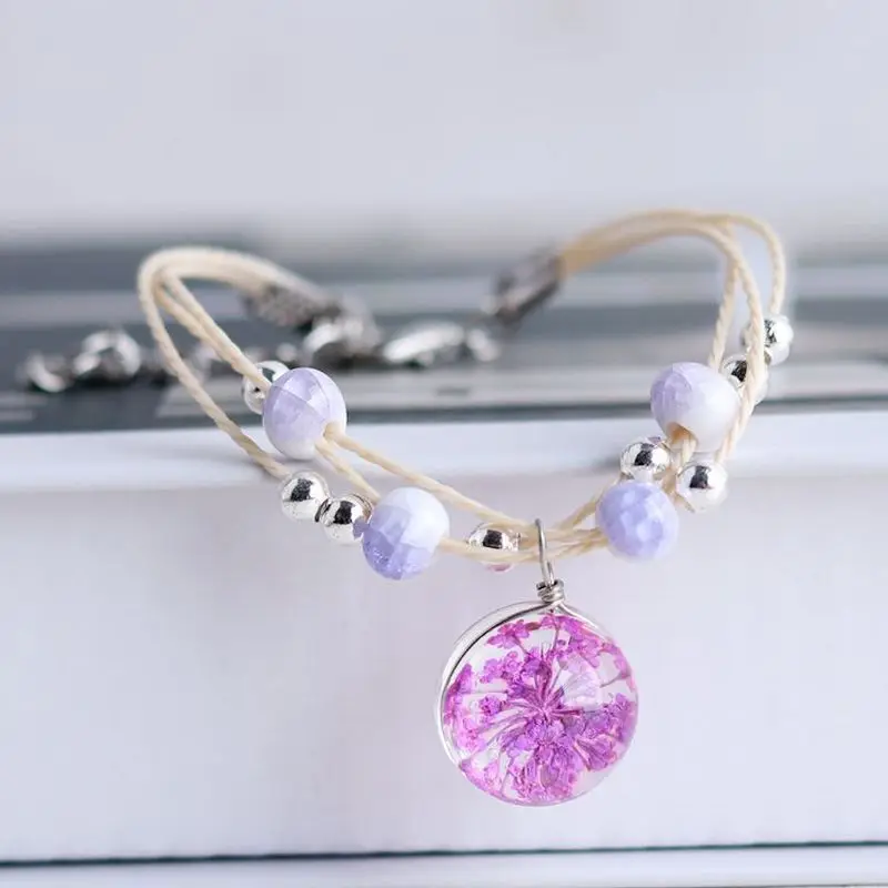 Personality Handmade Jewelry Beautiful Small Fresh Dried Flowers Glass Ball Ceramic Beaded Bracelet Student Girl Accessories | Украшения и