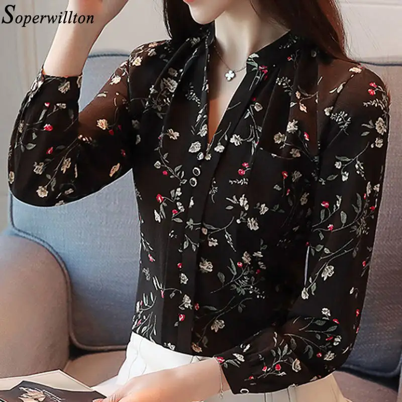 Женская шифоновая блузка с длинным рукавом принтом|Блузки| |