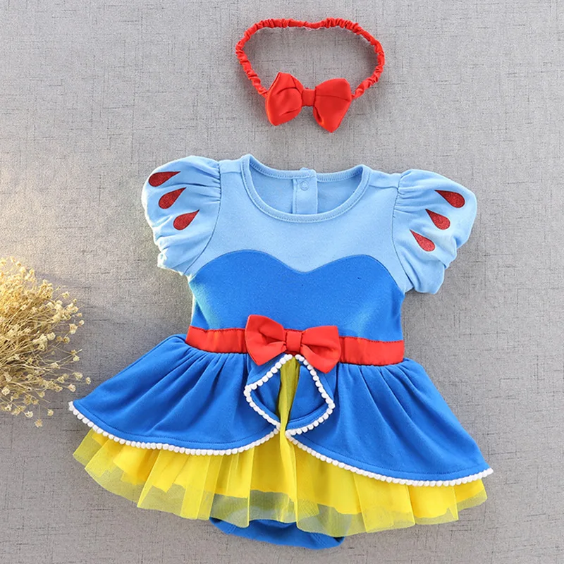 Infant Girl Romper Dress With Headband Elsa Belle Mermaid Snowwhite Fairy Tris Baby Girl Clothes Size 3-18M Baby Quality Dress Baby Bodysuits cheap Baby Rompers