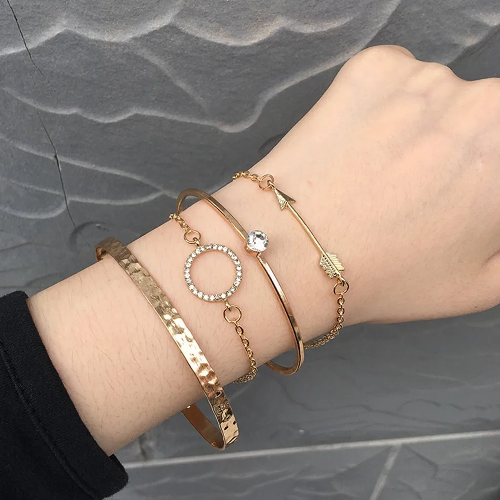 

4Pcs Simple Faux Crystal Round Bangle Design Jewelry Girl Women Open Wire Adjustable Bracelets Bangles Gold Bracelets Bangles