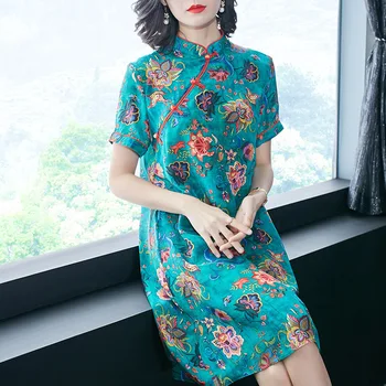 

Boutique women's wholesale spring and summer 2020 new Chinese style 3D printing improved silk cheongsam dress p9373
