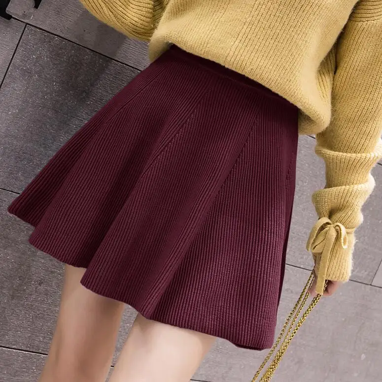 Fashion Streetwear Winter Knit Skirt Women Vintage High Elastic Waist Micro Mini Skirts Striped Knitted Skater Saia Feminina - Цвет: Бургундия