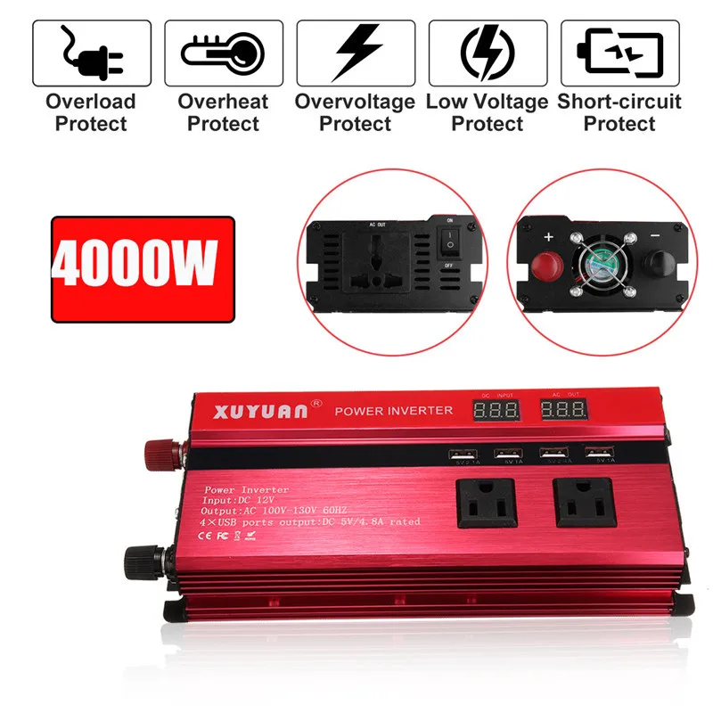 

Inverter 12V 220V 4000W Peak Car Power Inverter Voltage Transformer Converter 12 220 Charger Solar Inversor 12V 220V LCD Display