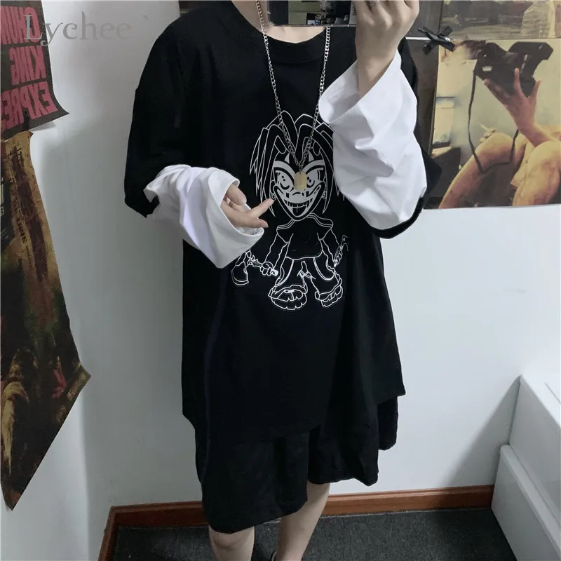 Lychee Harajuku, женская футболка с мультяшным персонажем, топ, футболка, поддельные, 2 штуки, женские футболки, топы, футболки, лоскутные, с круглым вырезом, женские футболки